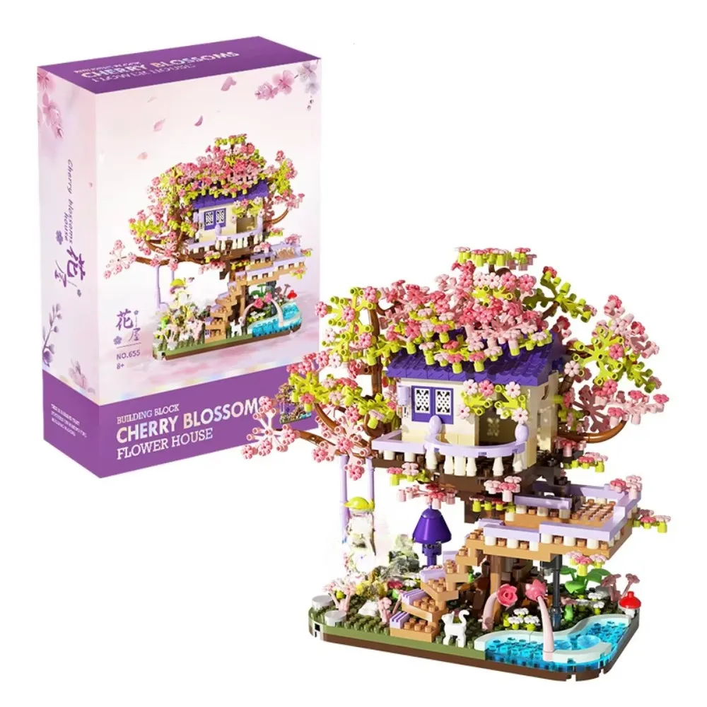 SAKURA Treehouse House Building Blocks DIY Creative ASSEMBLY ดอกไม้ Tree House Micro-particle ของเล่นเพื่อการศึกษาสําหรับของขวัญวันเกิด