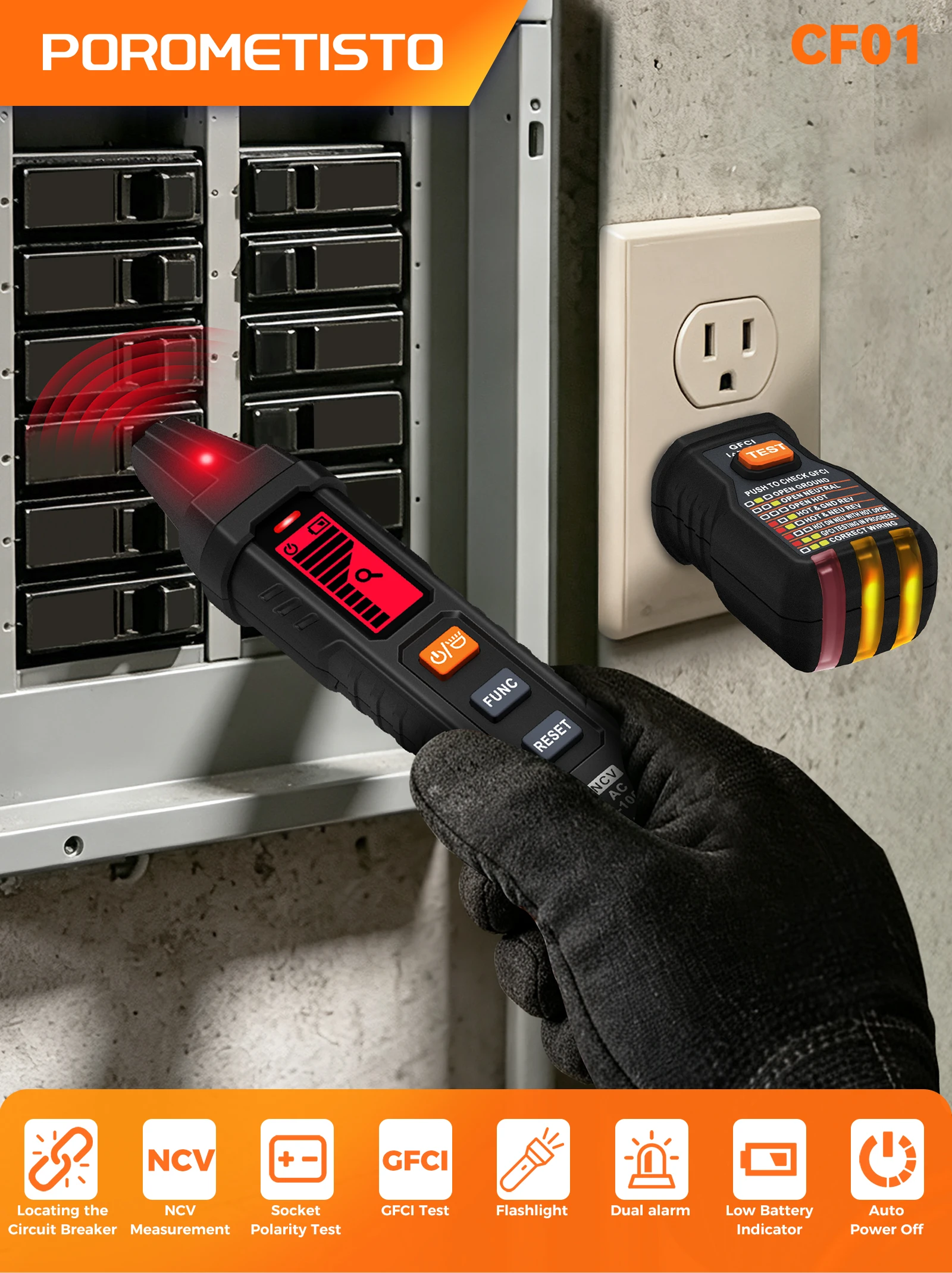 CF01 Schalterfinder 120V Schaltertester Sicherungsfassungstester US-Stecker GFCI-Steckdosenmessgerät Elektriker-Diagnosetool – Detail 1