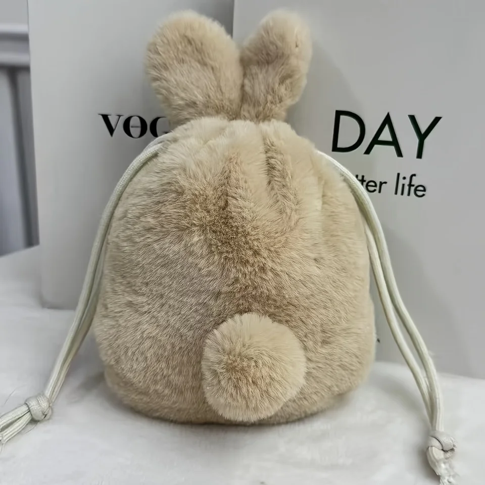 Plush Rabbit Drawstring Storage Bag, Soft and Fluffy Rabbit Makeup Bag, Phone Pouch, Versatile for Daily Travel, a Great Gift Choice for Valentine's Day, Mother's Day, Thanksgiving, and More Than 10 Major Holidays