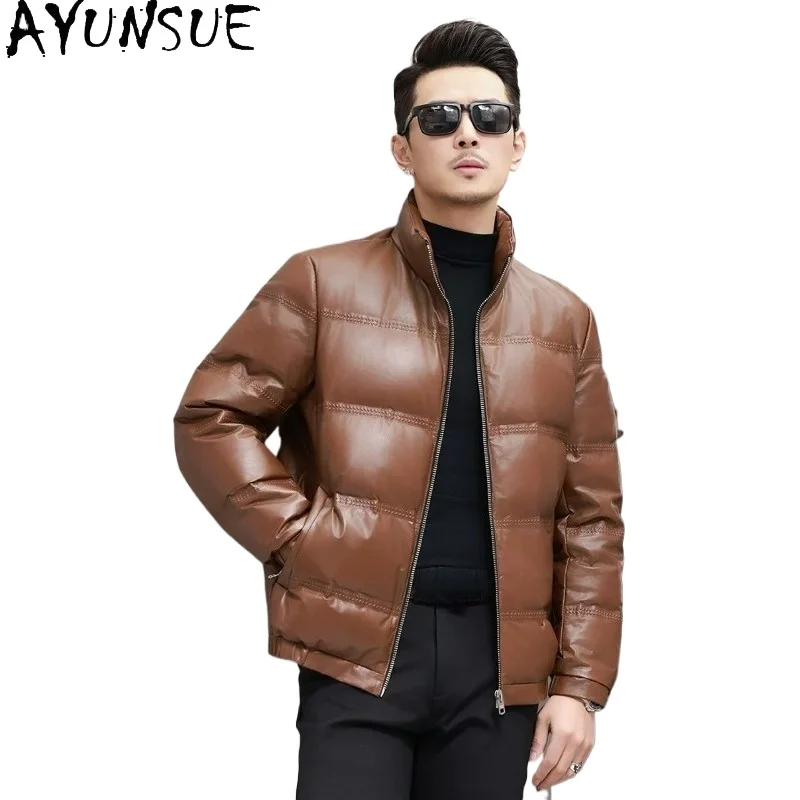 AYUNSUE 100% Genuine Leather Down Jacket Men Fashion Winter Top Layer Cowhide Real Letaher Coat Warm Brown Puffer Coats 2026