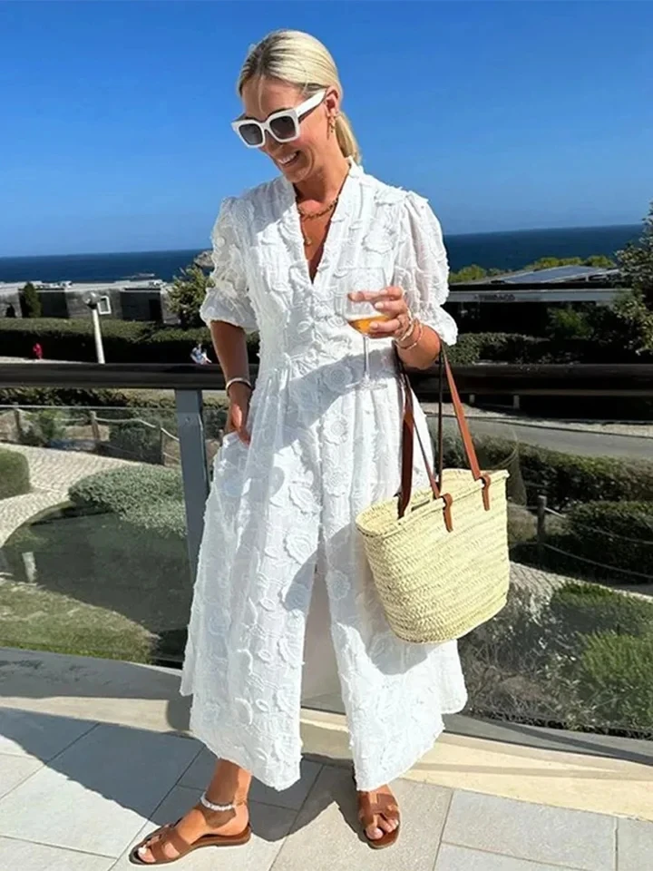 

white Elegant Lace Hollow Out Dress Women V-neck Embroidery Female Party Dresses 2025 Spring Single Breasted Split Lady Robe