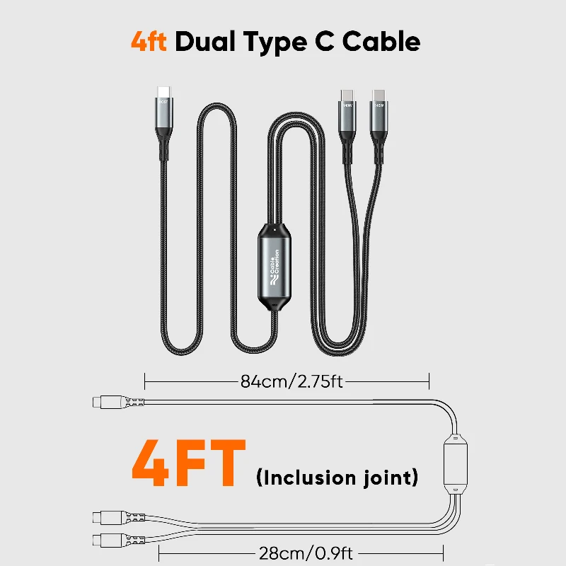 كابل CableCreation USB C 2 في 1، 4 أقدام طويلة 6 أقدام USBC إلى USB-C مزدوج، USB C 140W Max PD شحن من النوع C الفاصل لهاتف iPhone 16