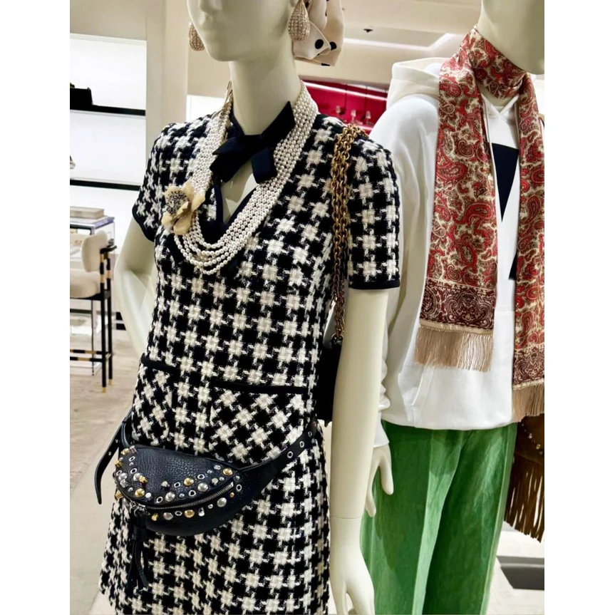

Elegant Lady Knot Woolen Tweed Dress Fashionable Plaid Design Cozy Autumn Outfit for Women High Quality Ladies' Set