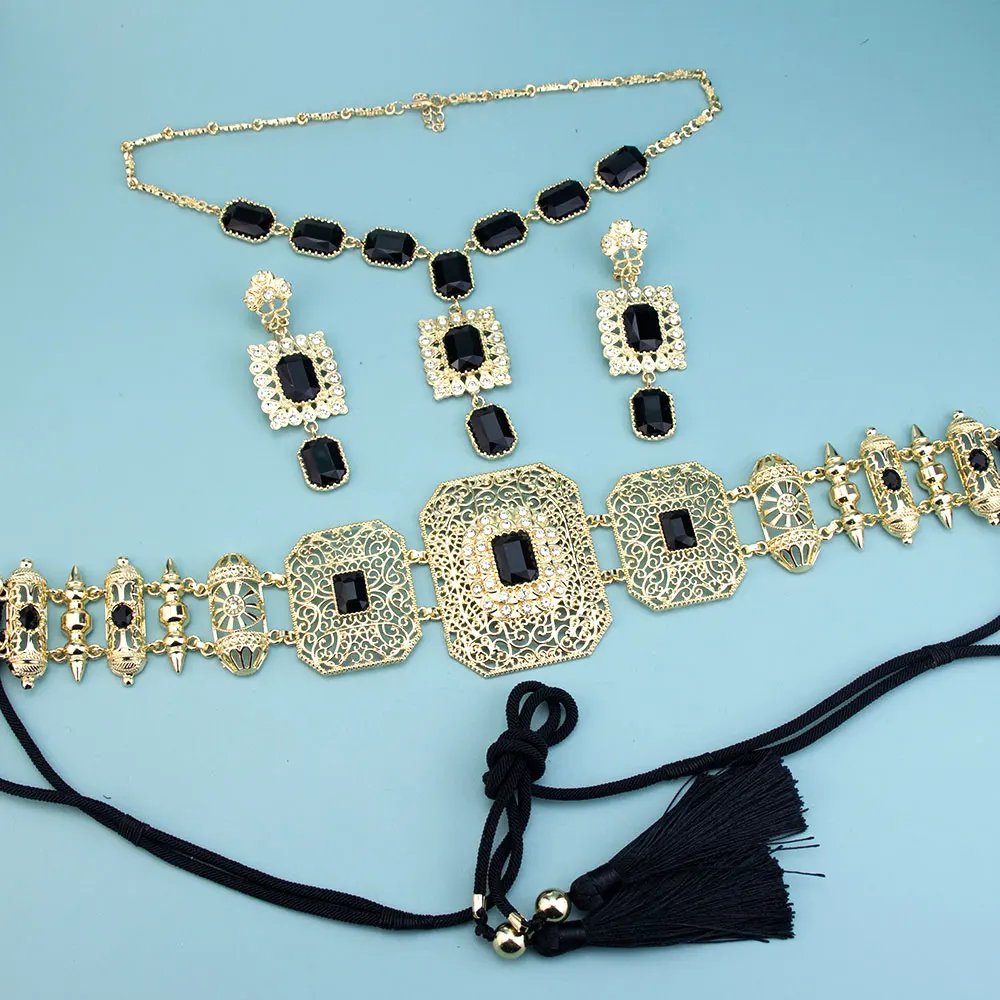 

Neovisson Delicate Morocco Jewelry Set Caftan Belt Black Crystal Waist Chain Necklace Drop Earring Arabic Bridal Gift