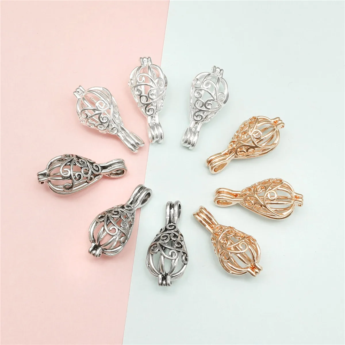 

10pcsTeardrop Pearl Cage Chain Pendant Fashionable Aromatherapy Essential Oil Diffuser Necklace, Perfect for DIY Jewelry