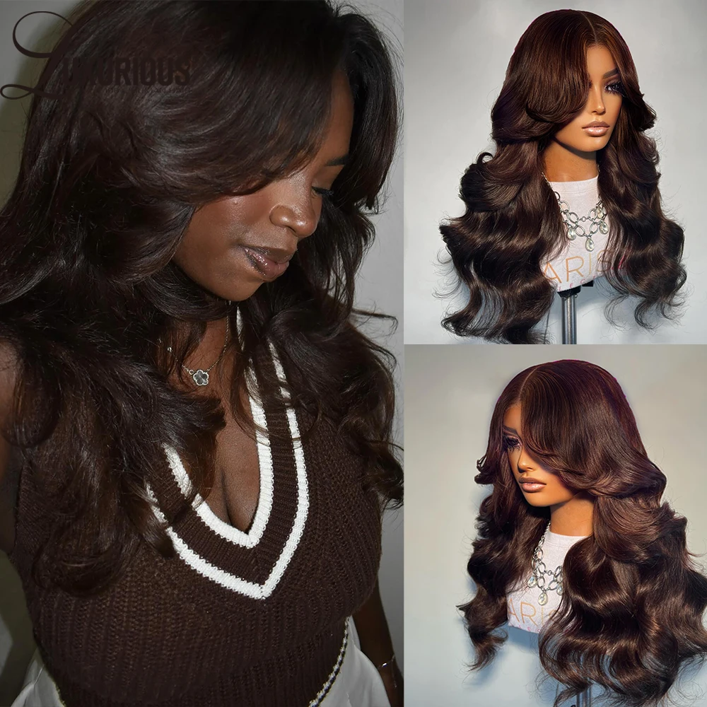 

Glueless Dark Brown Colored Human Hair Wigs For Black Women Pre-Cut Lace Wig Body Wave Put On And Go Wig Preplucked Remy 250%