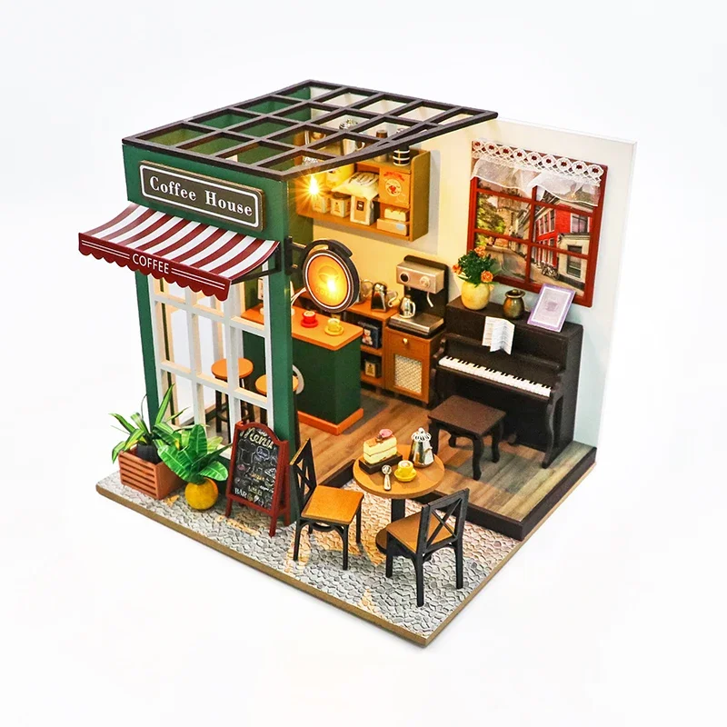 New Diy Wooden Doll Houses Afternoon Cafe Casa Miniature Model Kits Coffee Dollhouse With Furniture 3D Puzzle For Friends Gifts