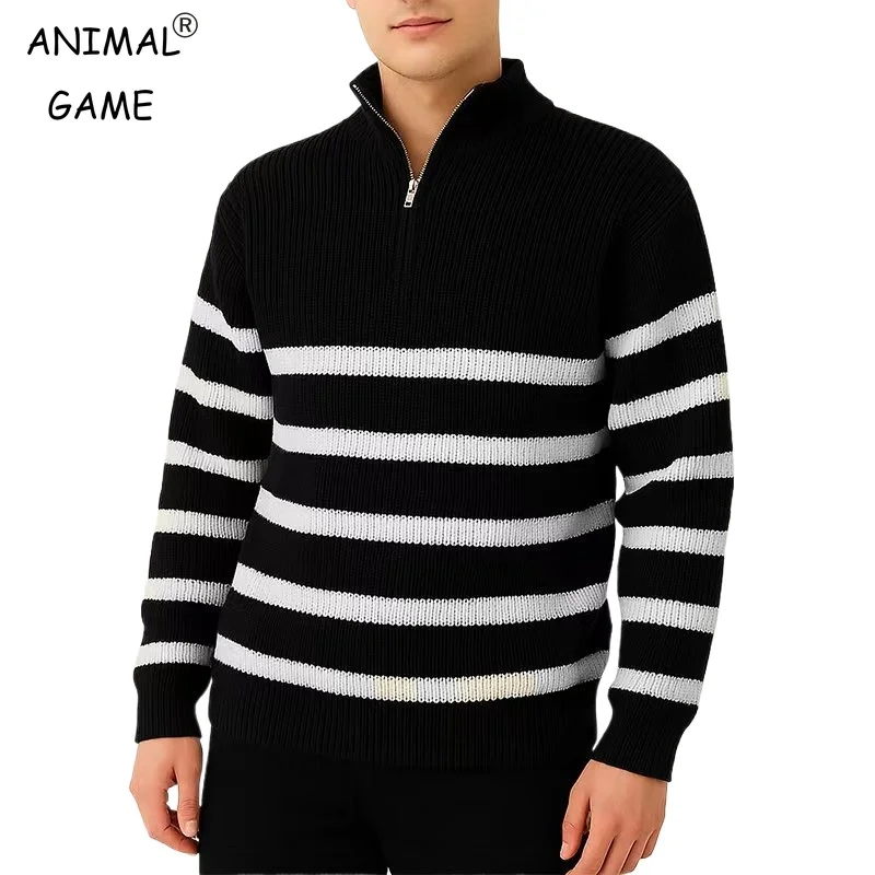 

Осенний мужской пуловер на молнии, свитера с длинным рукавом, однотонный поло в полоску, свитер, повседневные вязаные зимние уличные теплые толстые пальто