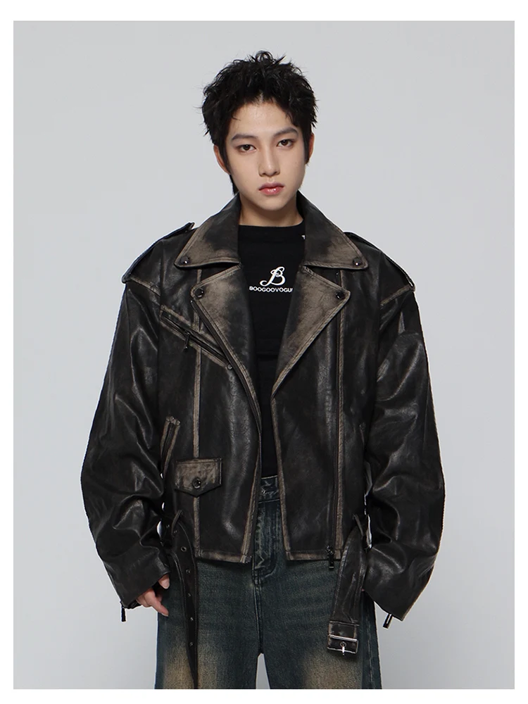 Mauroicardi Spring Cool Handsome Vintage Distressed Black Pu Leather Biker Jacket Men Belt Zipper Loose Unisex Clothes 2024 8