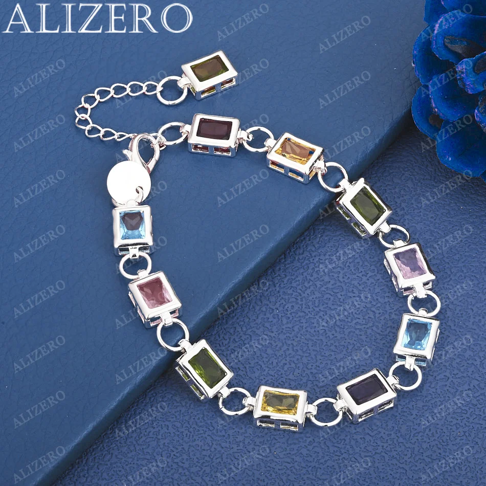

ALIZERO 925 Sterling Silver Square Multicolour Zircons Bracelet Chain Fashion Wedding Party Charm Jewelry Gift