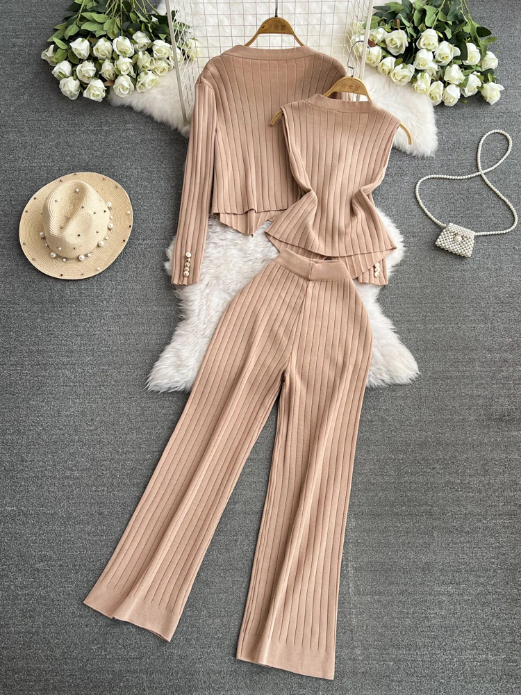 Women Knit Pants Sets Sleeveless V-Neck Slim Vest + Single Breasted Sweater Tops + High-waisted Knitted 3 Piecces Suits Outfits