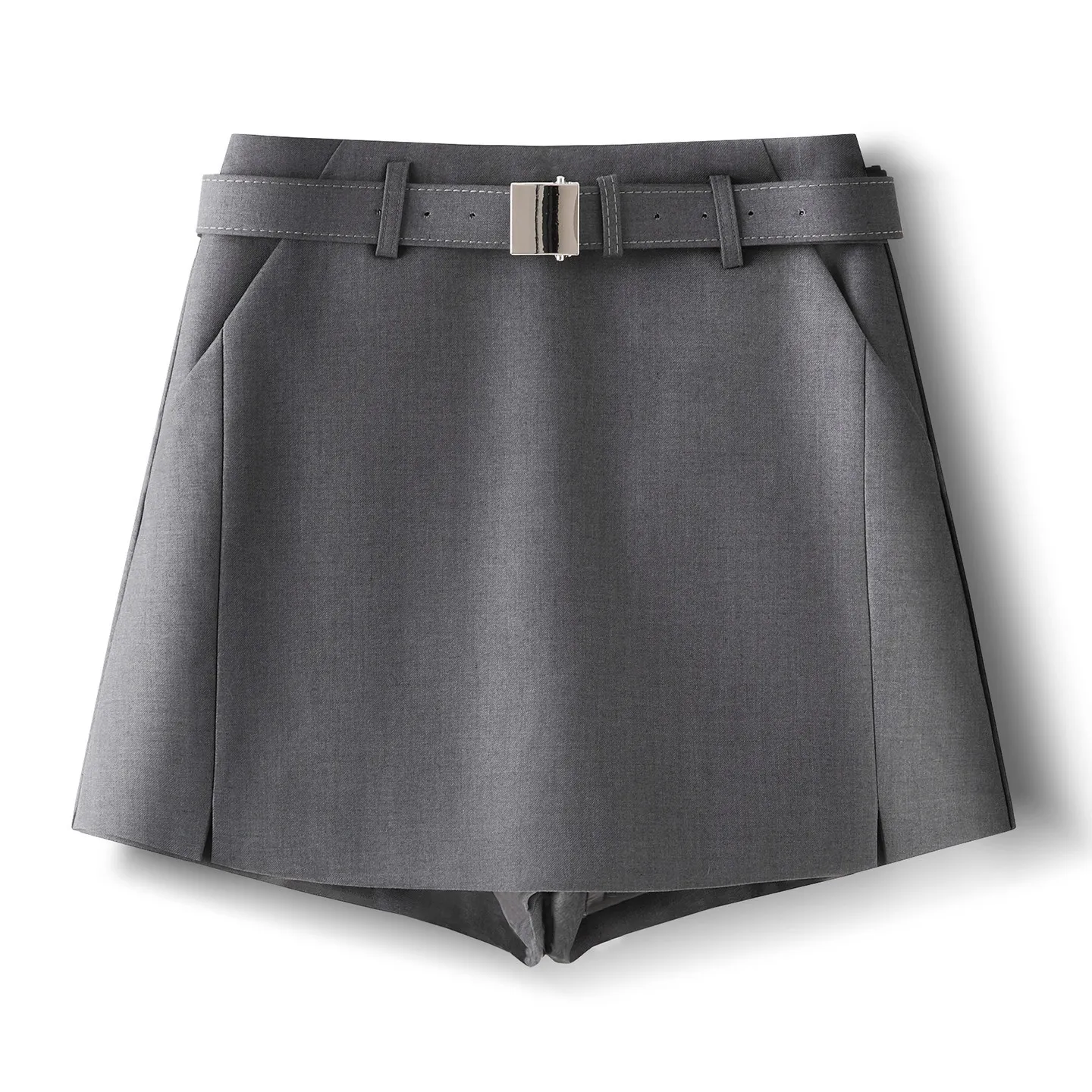ZJYT Autumn Women's Casual Shorts Skirt Office Lady High Waist Grey Short Pants Trousers Ladies Elegant Female Bottoms with Belt