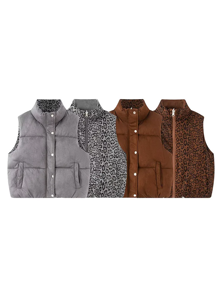 HH Women's Winter Fashion Reversible Design Wild Leopard Print Down Cotton Vest Female Casual Warm Zipper Pocket Waistcoat Mujer