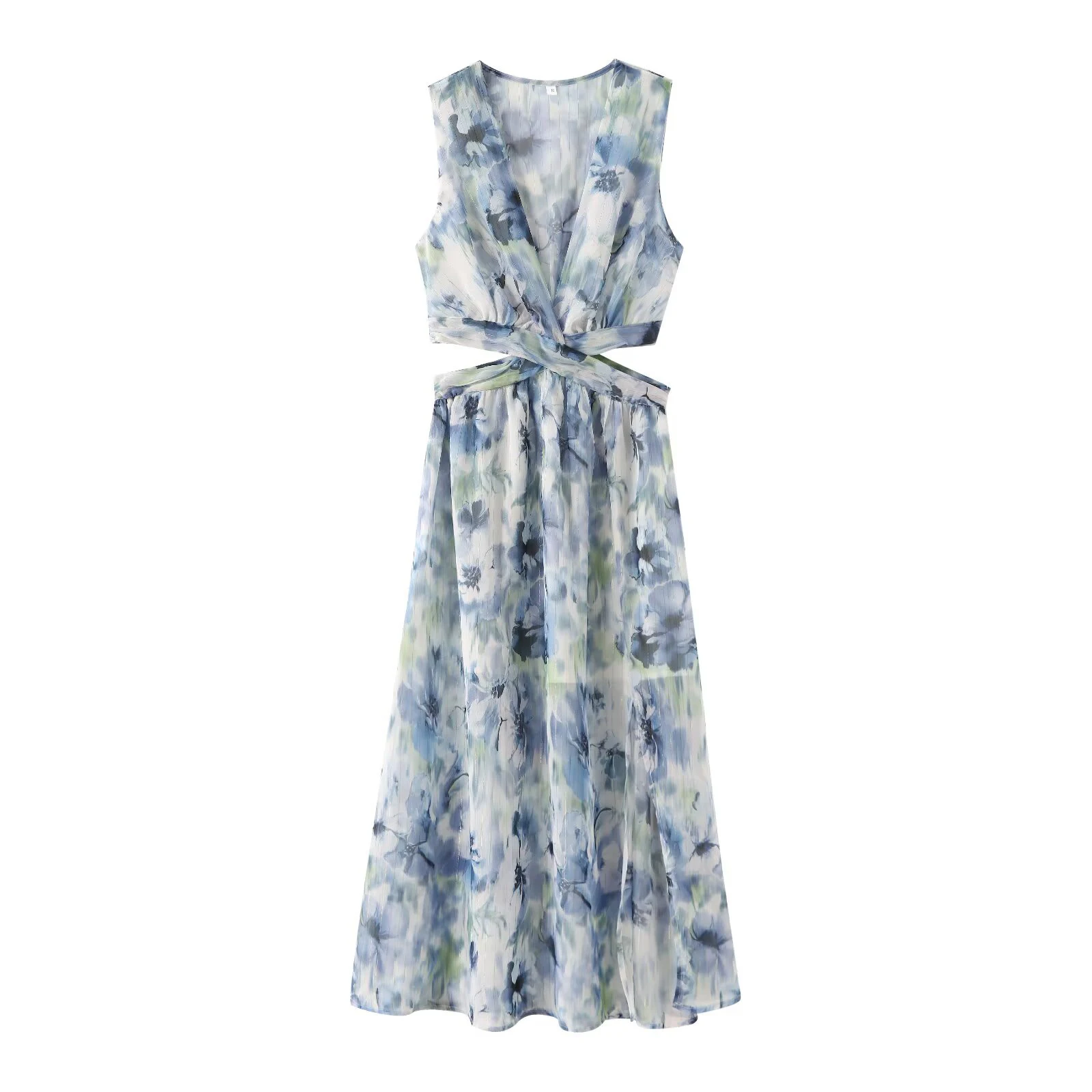 

European and American style summer new sweet and spicy style V-neck sleeveless sexy open waist metal line printed dress
