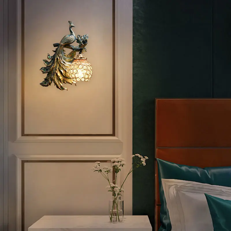 American Retro Peacock Wall Lamp Nordic Living Room Bedroom Bedside Wall Decoration Lights Resin Sconce Wall Decoration Pendant