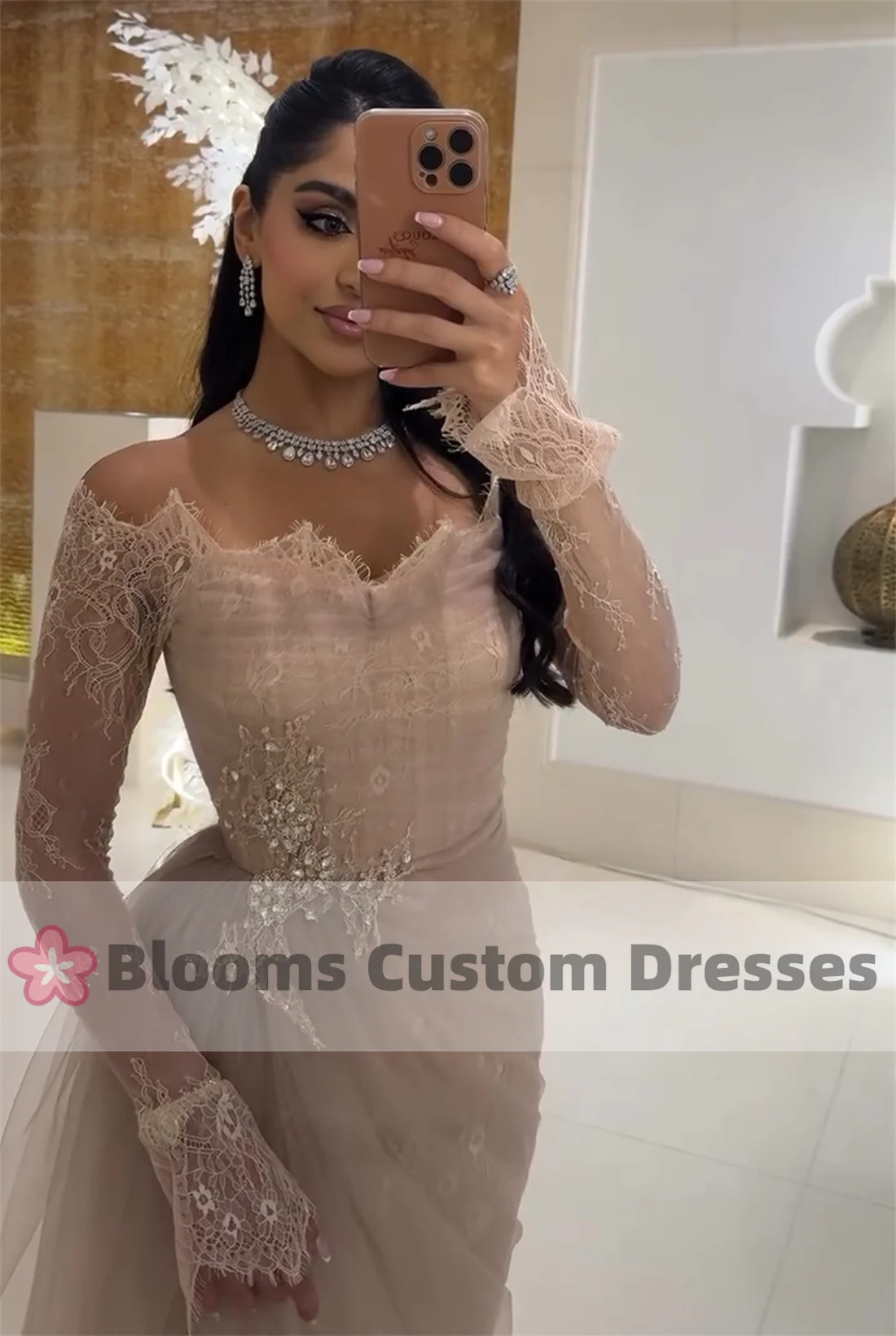 Blooms Off Shoulder Lace Customized Prom Dress Tulle Pleated Beaded Formal Occasion Gown Elegant Long Sleeves Evening Dresses