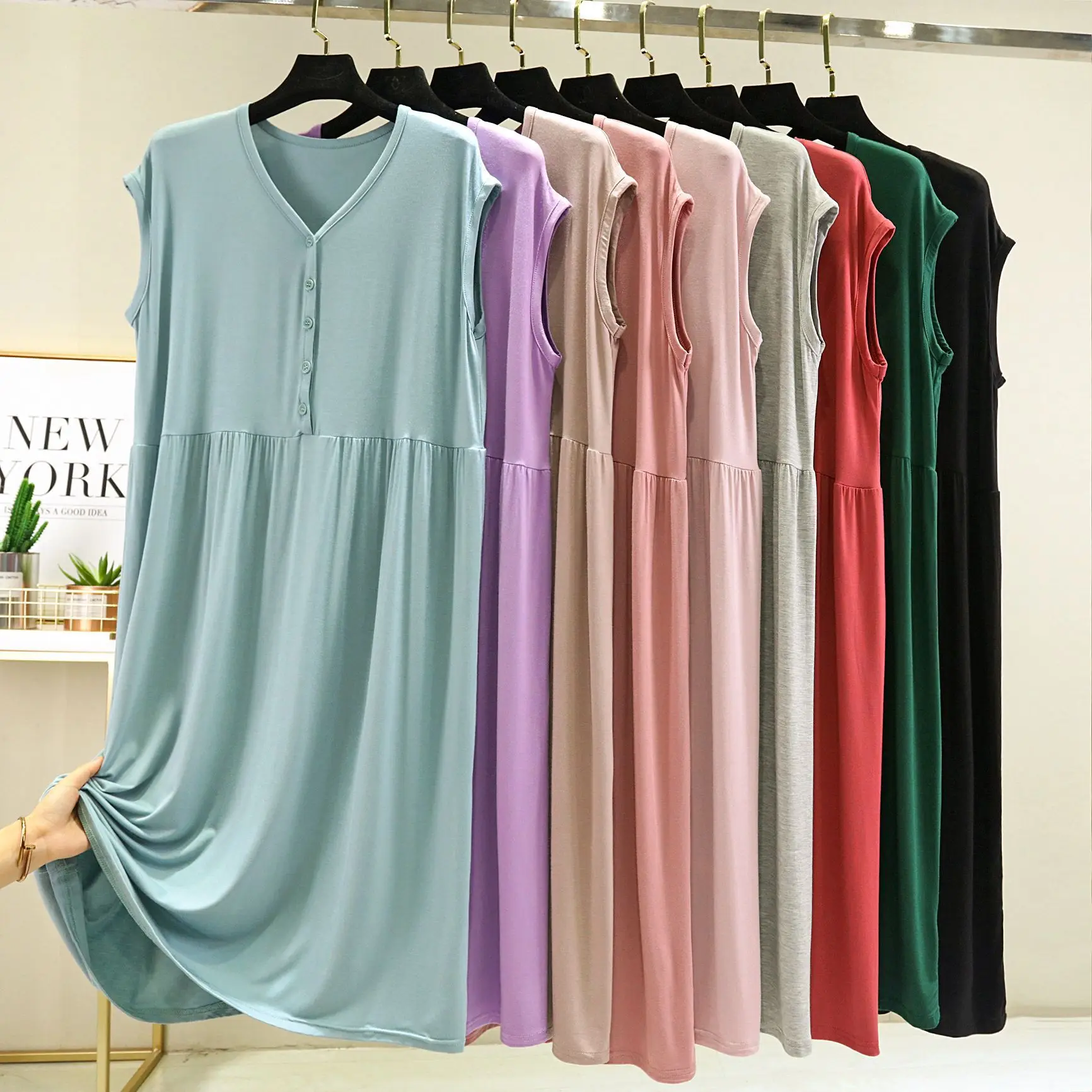 Summer Modal V-Neck Sleeveless Dress Loose Bottoming dresses Casual homewear Buttons sleepdress