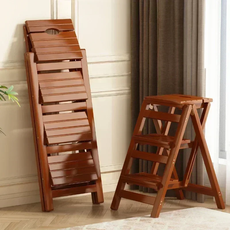 Pine Step Stools Multifunctional Household Folding Climbing  Ladder for Home Indoor Outdoor Living Room Household Walnut Color