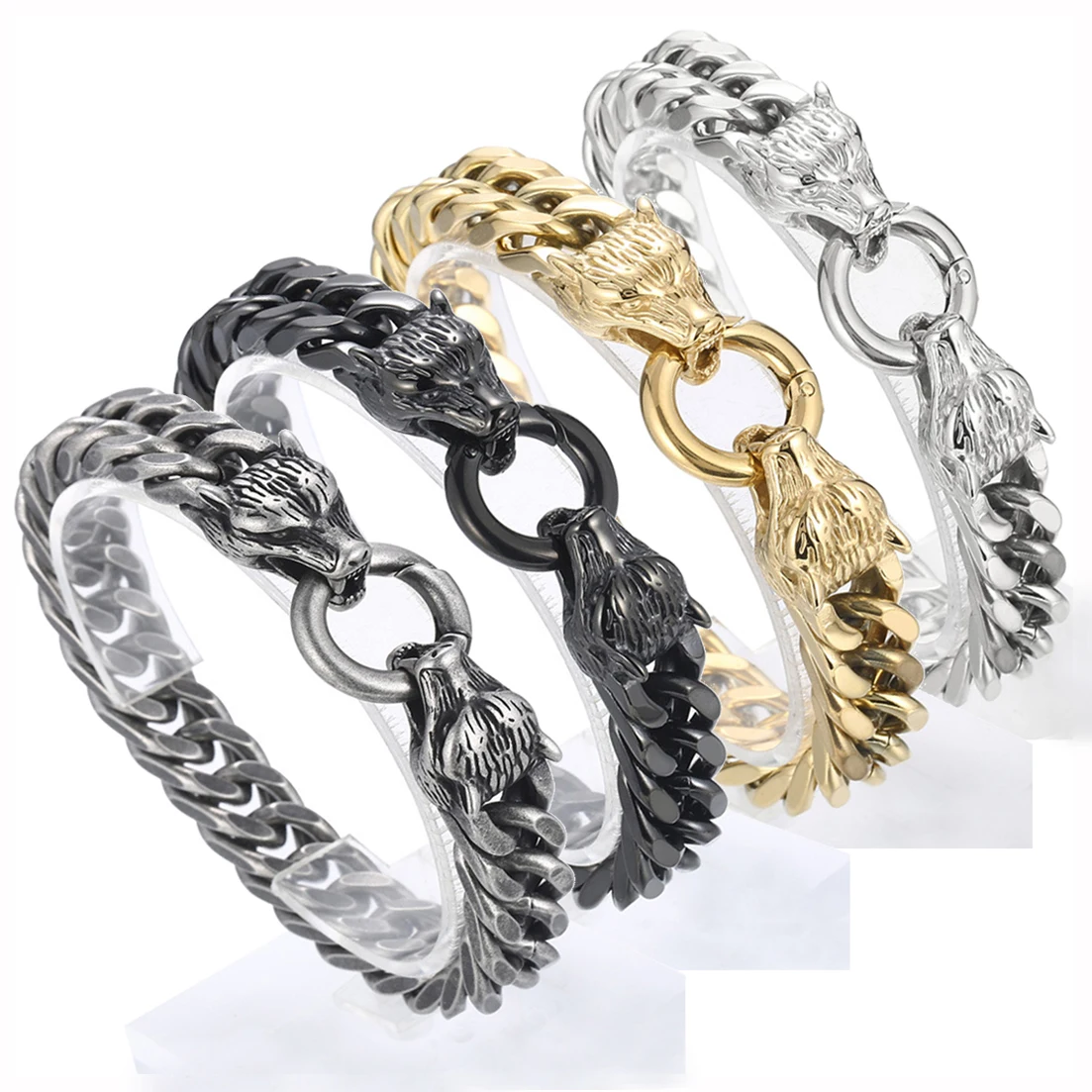 Silver Tone/Gold Tone/Black 316L Stainless Steel Figaro Link Chain Wolf Head Bracelet 12mm*20.5cm