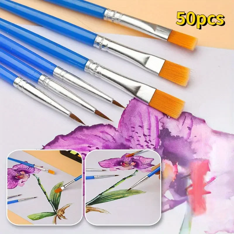 50Pcs Painting Brushes Set Art Round Flat Hair Nylon Hair Paint Brush for Oil Acrylic Watercolor Kids/Artists/Beginners/Students