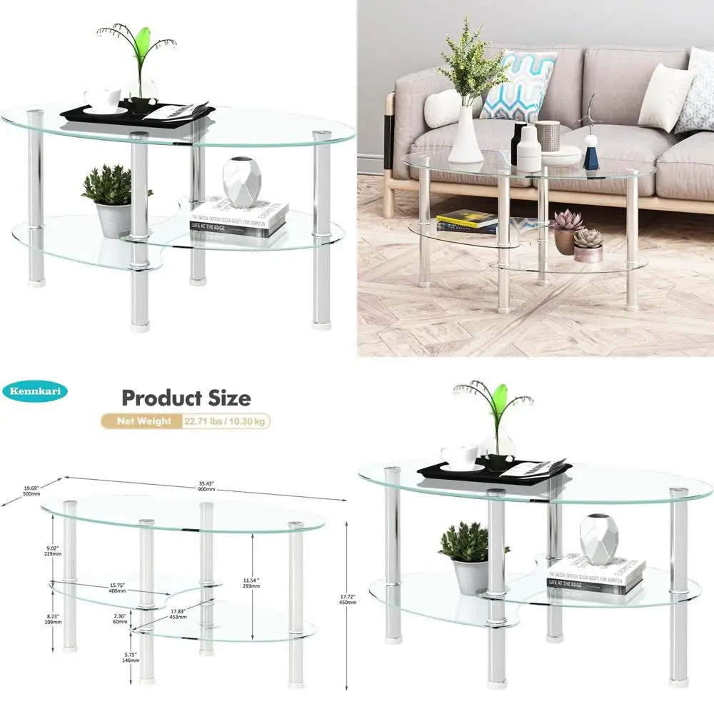 

Contemporary 3-Tier Glass Coffee Table with Storage for Living Spaces, Clear and See-Through
