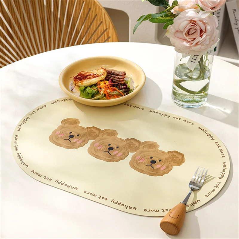 Cartoon Bear Leather Meal Placemat Ins Wind PU Insulation Mat Premium Light Luxury Western Food Dinner Waterproof  Desktop Pad