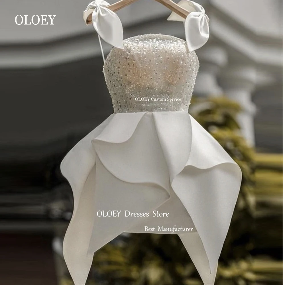 OLOEY Sparkly Short Wedding Dresses Spaghetti Straps Bow Ruffles Mini Glitter Bridal Gowns Robe de mariage Party Formal Dress