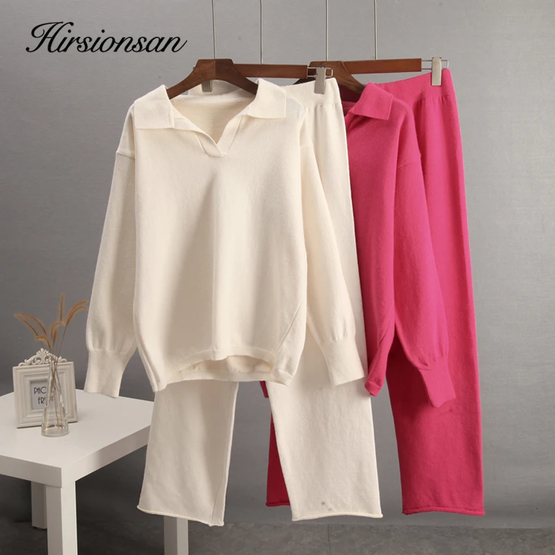 Hirsionsan Winter Thick Women Knitted Suits Soft 2 Pieces Cashmere Female Sets Polo Neck Sweater & Wide Leg Pants Knitted Outfit