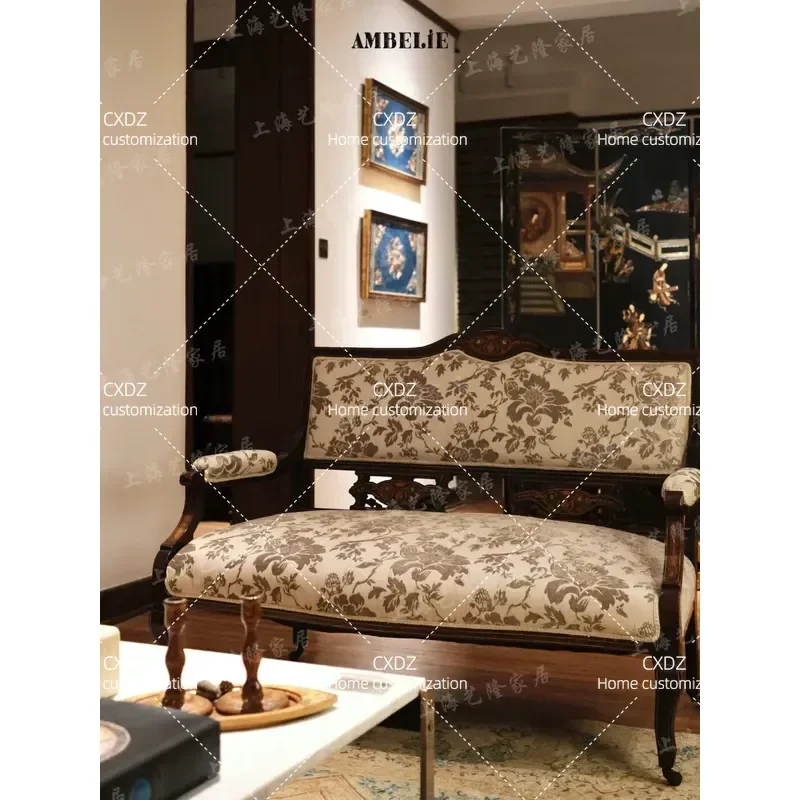 Rural Solid Wood Carved Floral Hand Painted Sofa Double Three Seater Leisure Chair Medieval Light Luxury High End Living Room