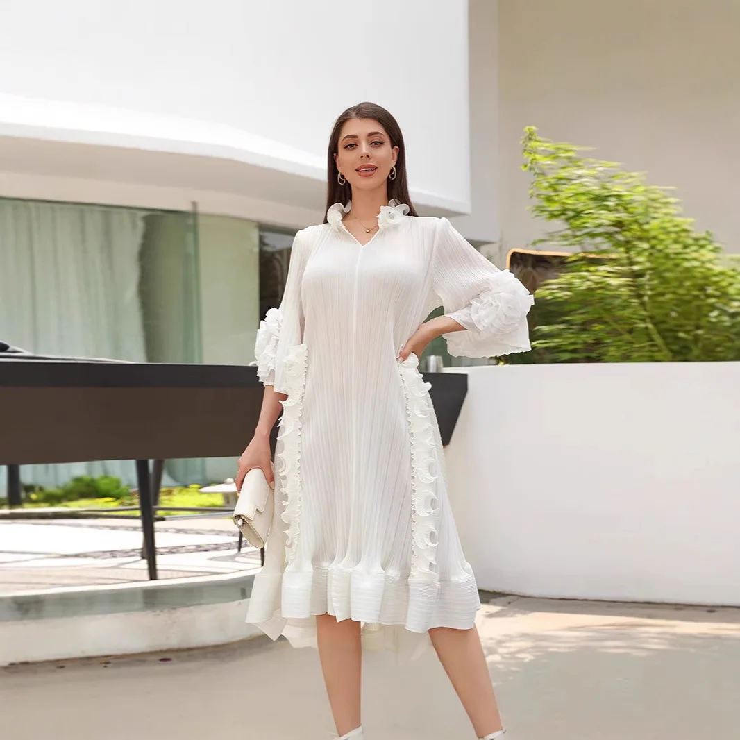 여성 우아한 드레스 솔리드 컬러 v 넥 긴 소매 패치 워크 디자인 루즈 피트 플러스 사이즈 세련된 캐주얼 이브닝 가운