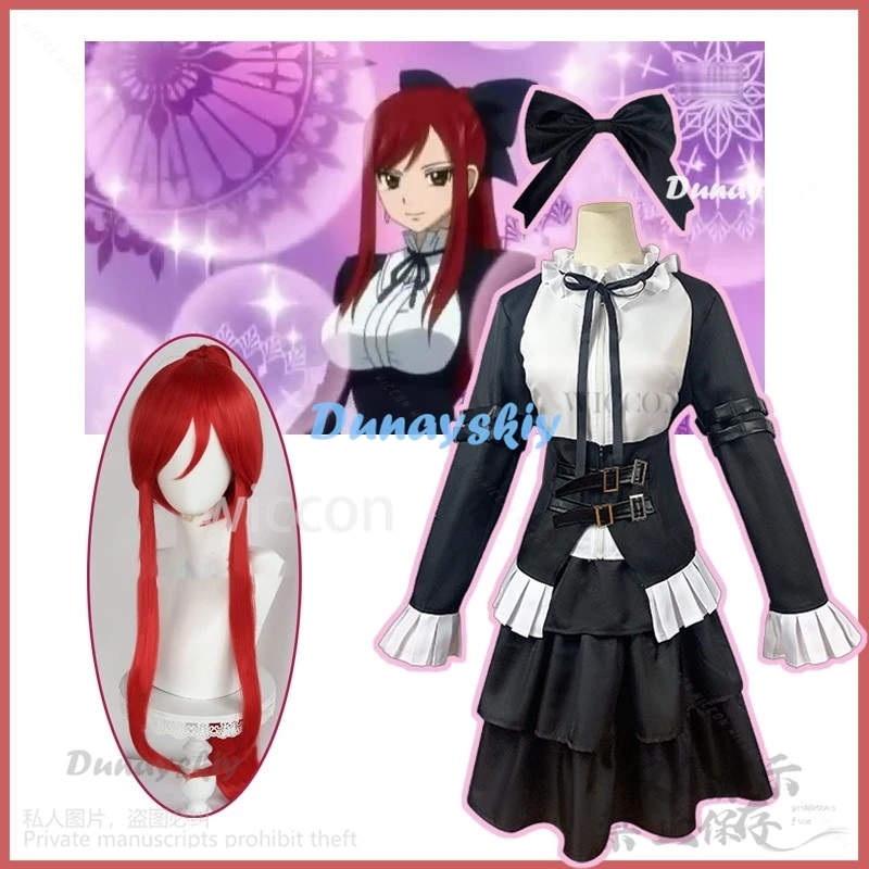 Disfraz de Hada de Anime Erza Scarlet, uniforme de sirvienta, vestido de Lolita, pelucas largas rojas, traje de Navidad para mujer y niña