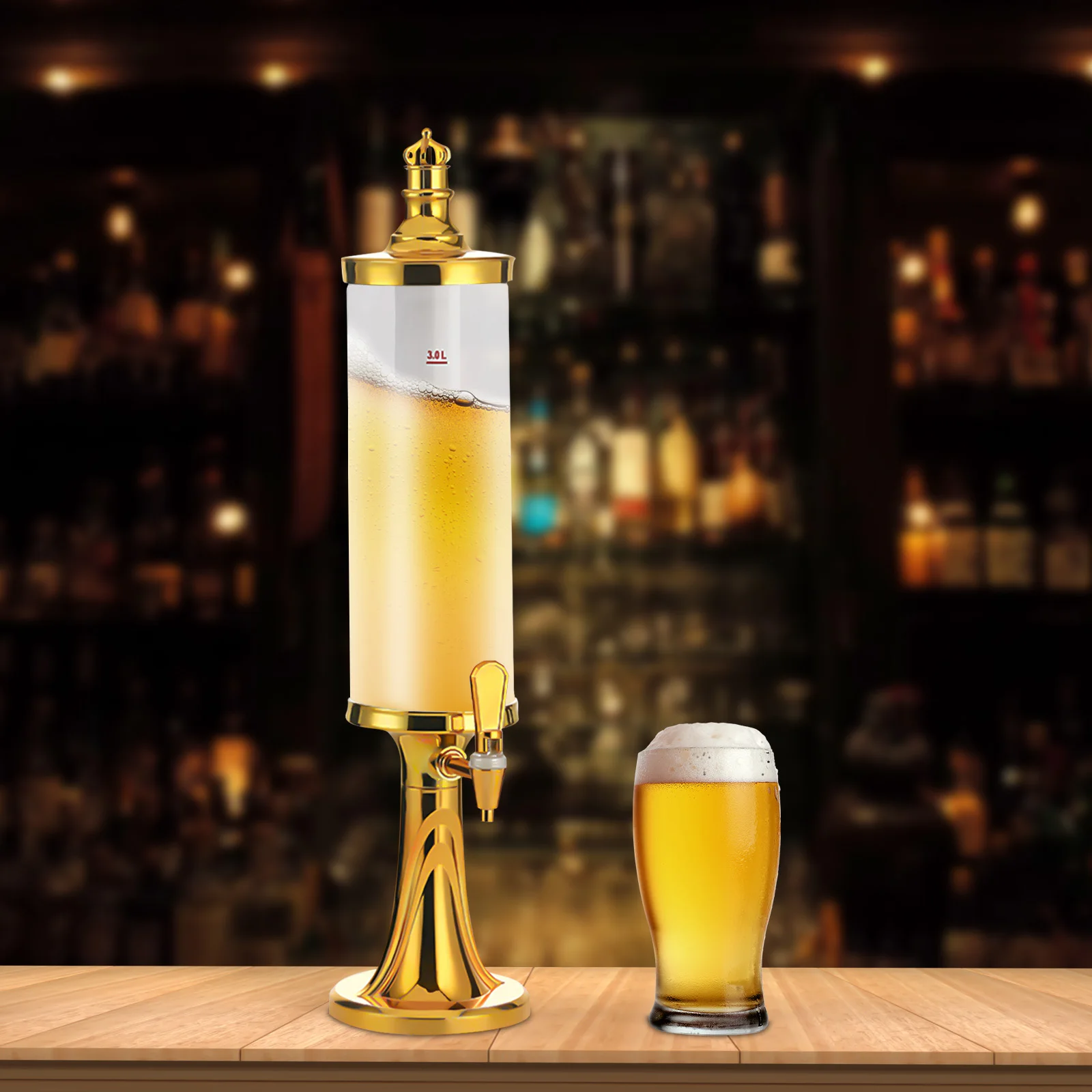 

3L Beer Tower Beverage Dispenser with LED Lights and Ice Tube Gold Fashionable Drink Dispenser for Bars, Parties, Outdoor BBQ