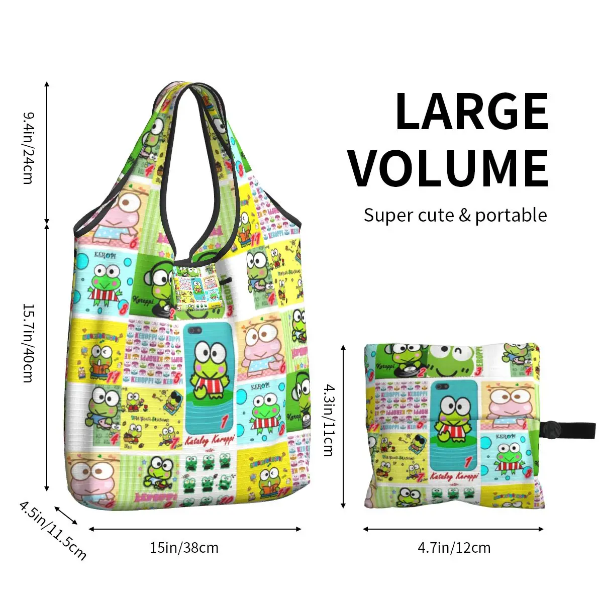 Custom Disney Cartoon Kero Kero Keroppi Sanrio Anime Grocery Shopping Bags Cute Shopper Shoulder Tote Bags Portable Handbag