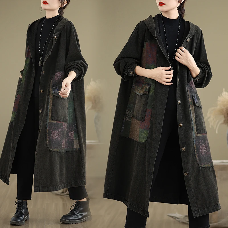 

High-End Autumnal Denim Jacket Loose Oversized with Hat Patchwork Design Long Sleeve Coat Style Cotton Polyester Blend
