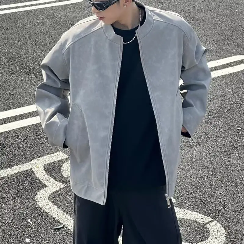 

Men's American Retro Tie Dye adient Stand Collar Baseball Jaet Loose PU Leather Outerwear Faionable Windproof Long Sve