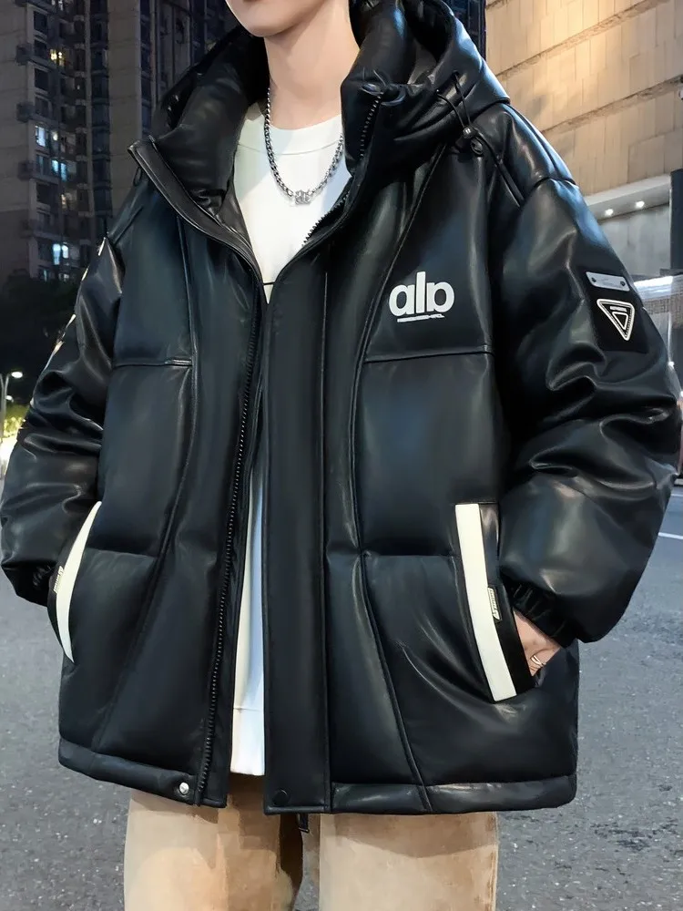

Утепленная куртка из искусственной кожи и хлопка для мужчин, зимнее теплое пальто с капюшоном, молодежная модная брендовая куртка из искусственной кожи с хлопковой подкладкой