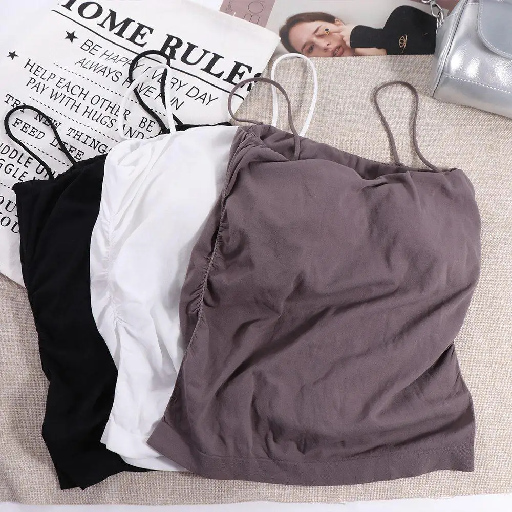 Solid Color Bra with Pads Camisole Tank Top Halter Strap Skinny Base Vest Tops Wrapped Chest Bra Elastic