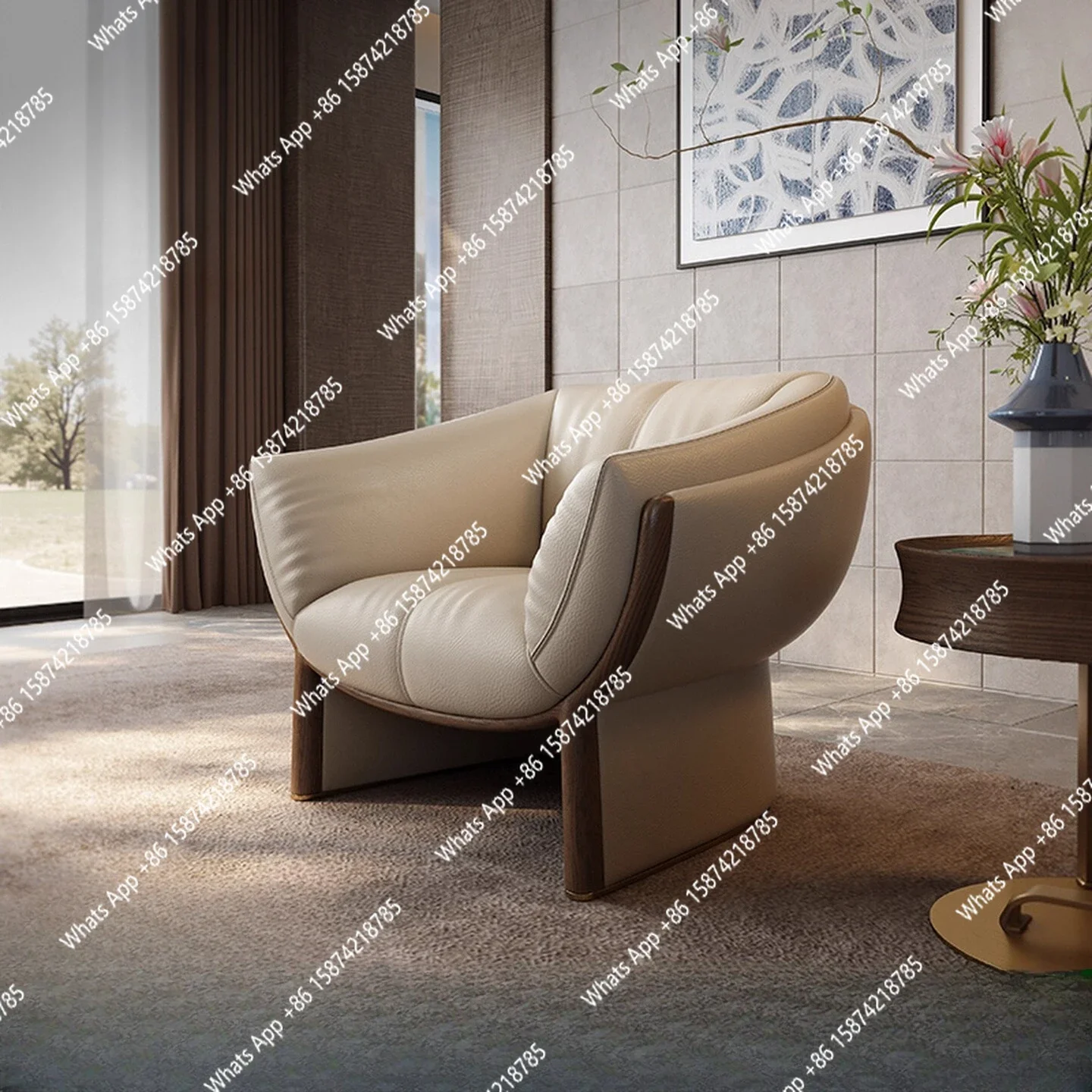 

S69 Дизайнерское кожаное кресло для отдыха Бытовая гостиная Стул для отдыха из цельного дерева Одноместный диван