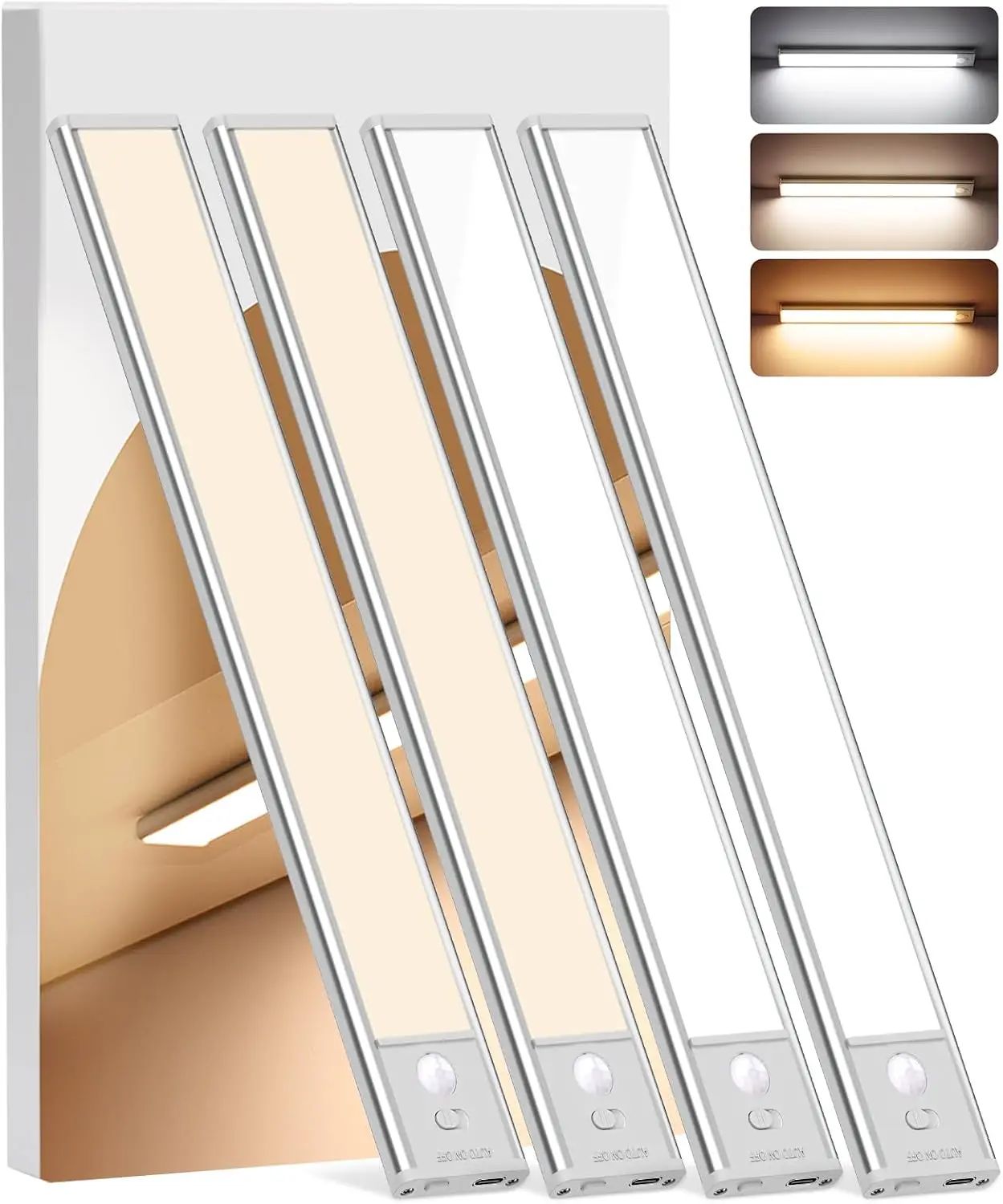 

Wireless Motion Sensor Under Cabinet Lights, 4-Pack with Dimmable 3 Color Temps, Rechargeable Battery for Kitchen Stairs