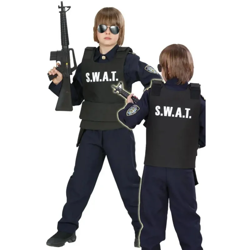 Kids Cosplay Policeman Swat Bulletproof Cap Hat Costume Sets Fancy Role Play Outfit Children Christmas Carnival Dress Up Party N