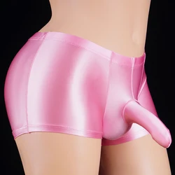 Homens Sissy Long Penis Bojo Boxer, Roupa Interior Apertada, Lingerie Cetim Brilhante, Lustroso, Liso, Bolsa Grande, Sexy, Gay