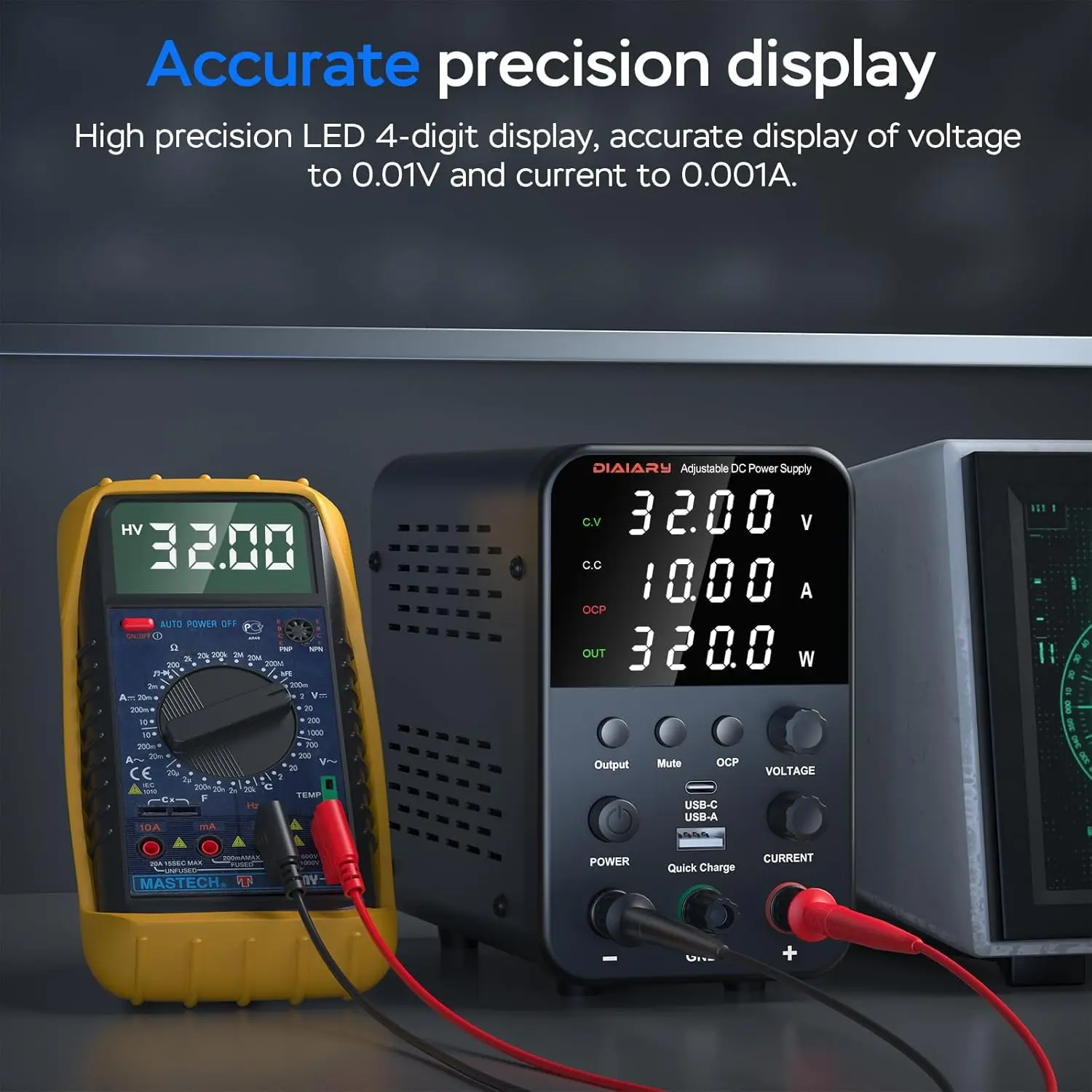 32V 10A Adjustable DC Power Supply, Switching Regulated with USB Charging & Precision Encoder