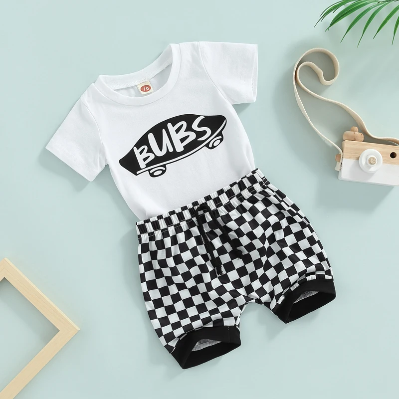 Infant Boys Matching Set Stylish Short Sleeve Tee with Fun Graphic Print Cozy Plaid Shorts with Adjustable Drawstring