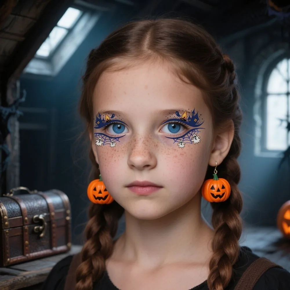 Pumpkin Ghost Skull Halloween Face Tattoo Cartoon Disposable Cheek Eyes Temporary Stickers Portable Transparent