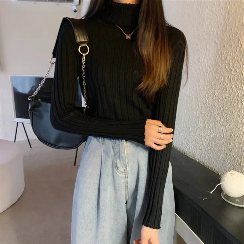 2024 Women Pullover Ribbed Knitted Sweater Autumn Winter Pullovers Turtleneck Long Sleeve Slim Basic Solid Female Sweaters Tops