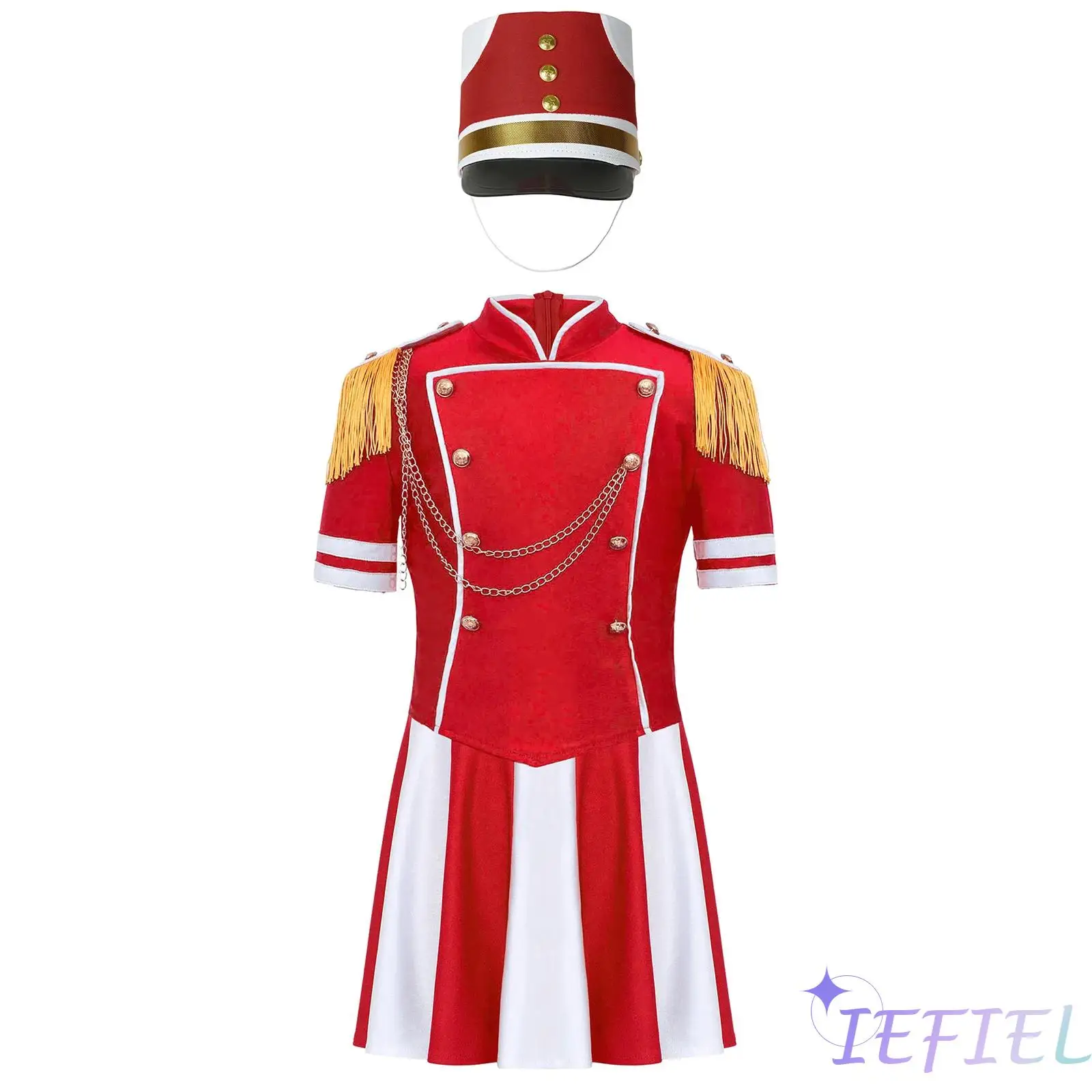 

Drum Majorette Uniform for Girls with Epaulette Tassels And Color Block Design 3 Piece Marching Band Set for Parades Performance