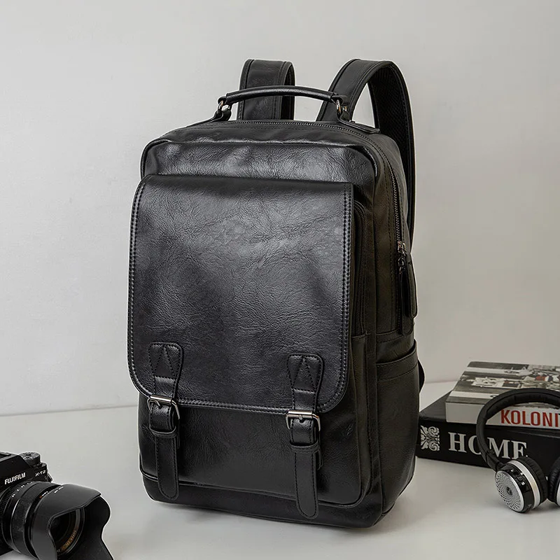 Fashion Flap Backpack Men Large Capacity 15.6 Inch Laptop Backpacks For Men Soft PU Leather Travel Backpack Student Schoolbag