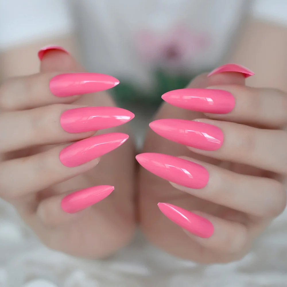 Hot Pink Extra Long False Nails Stiletto Tips Oval End Stilettos Fake Nail Rose Red Gel Manicure Artificial Nails Salon
