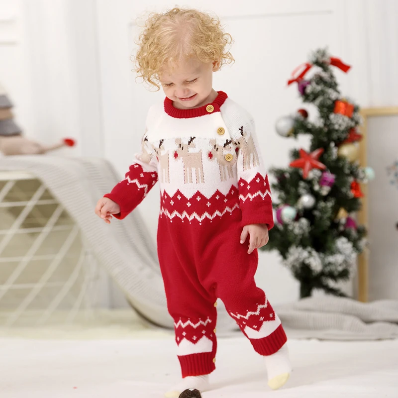 

Christmas Baby Romper Knit Newborn Boys Girls Jumpsuit Long Sleeve Autumn Winter Infant Child Clothes Fashion Cute Elks Overalls