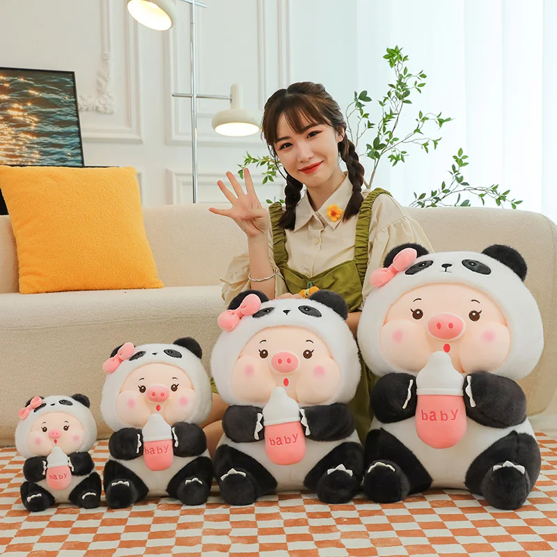 Cartoon Milk Bottle Pig Cute Transforming Into Panda Plush Toys Home Decor Birthday Gift  Stuffed Doll Simulated Anime Christmas